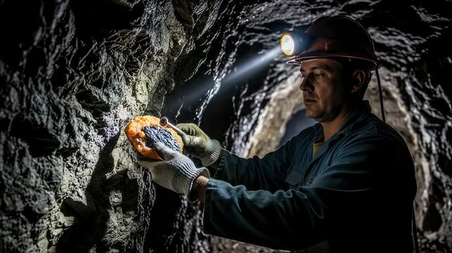 Male miner in a dark underground tunnel examining a mineral sample with a headlamp, mining footage.