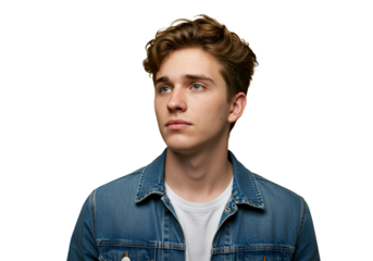 A man looking out longingly, expression of loss on transparent background 