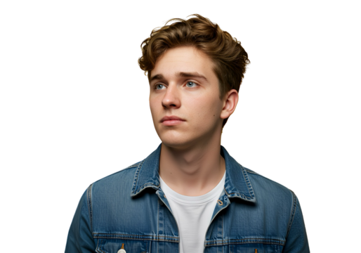 A man looking out longingly, expression of loss on transparent background 