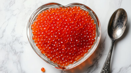 Heart-Shaped Dish of Red Caviar on Marble Background