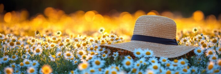 Straw hat lies in field of daisies at sunset