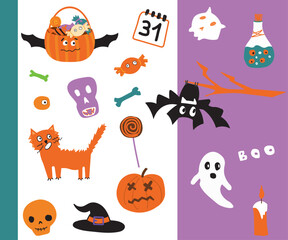 Spooky Halloween vector clipart with orange cat, bat, ghost, pumpkin bucket, skull, witch hat, and candy. Fun cartoon elements on white and purple background.