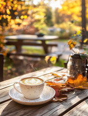 Korvapuusti latte with autumn leaves on wooden outdoor table