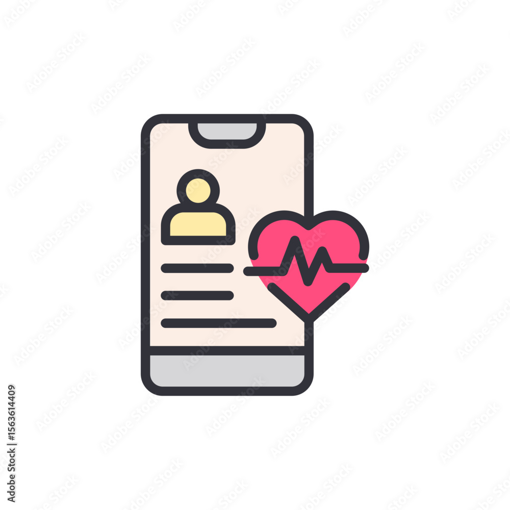 Poster digital health profile on mobile device with heart rate monitoring icon