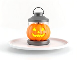 3D lantern icon with jack-o’-lantern face on a tray, glowing Halloween colors, minimal white or blurred backdrop