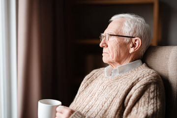 Elderly man wearing glasses and a knitted sweater gazes thoughtfully out a window while holding a white mug.