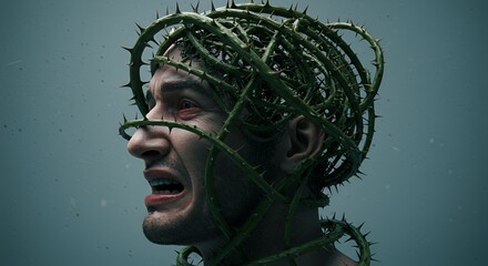 Man's head entangled in thorny vines, a surreal depiction of mental anguish and inner turmoil.