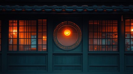 Fototapeta premium Illuminated Asian building exterior at night, featuring traditional windows and a circular light.