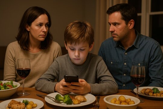 A dinner table scene where the entire family is present, but the child is fixated on a phone, while parents exchange concerned glances. - Powered by Adobe