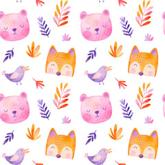 Watercolour seamless pattern with woodland animals and florals