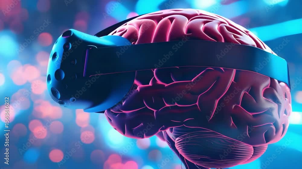 Aufkleber virtual reality headset glowing neon brain with futuristic technology and immersive bokeh digital en