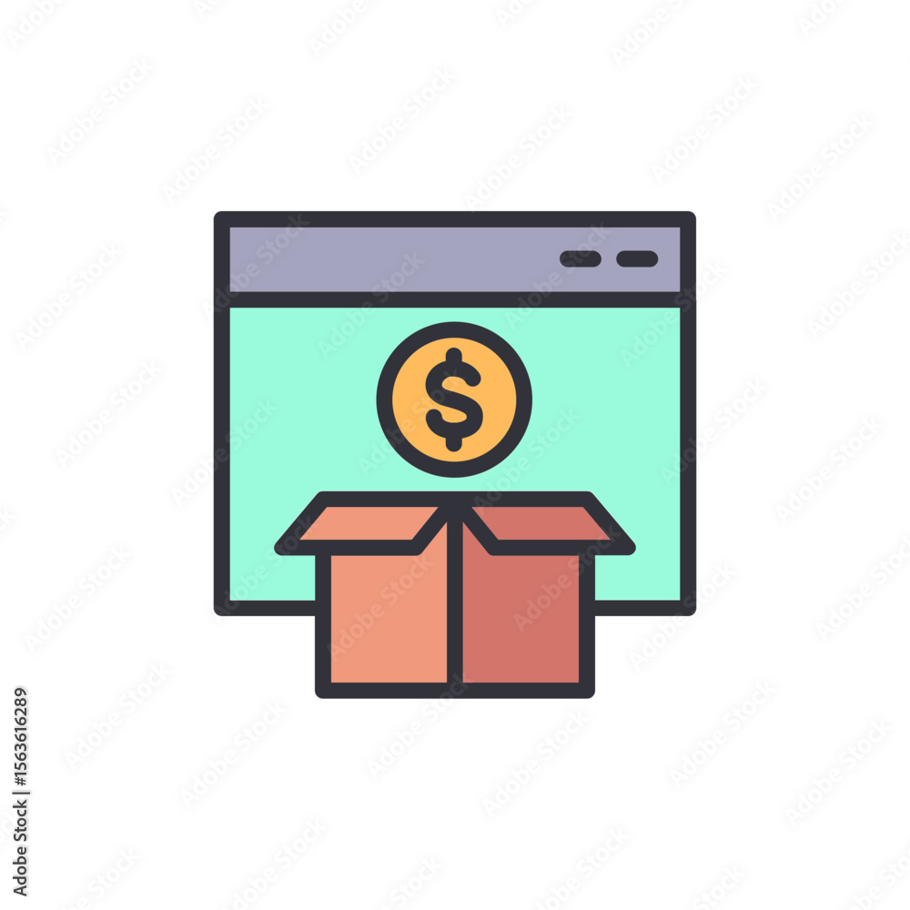 Poster e commerce website showing dollar symbol and cardboard box open icon