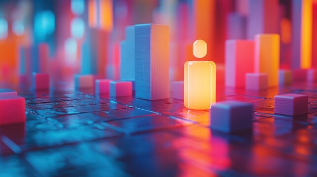 Glowing orange figure stands out among colorful 3D blocks on a reflective surface.