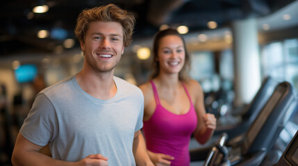 Couple exercising on treadmills with trainer monitoring health metrics