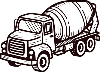 Vintage hand drawn cement mixer truck illustration in retro engraving sketch on white background