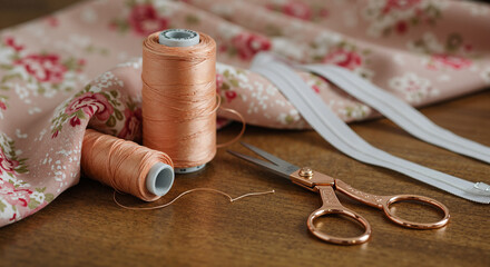 Sewing supplies including spools of thread, scissors, and fabric  