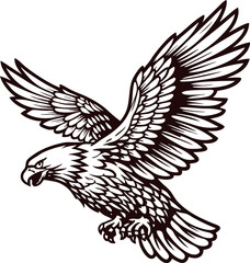 Detailed hand drawn illustration of a flying eagle with outstretched wings and open beak isolated on white background