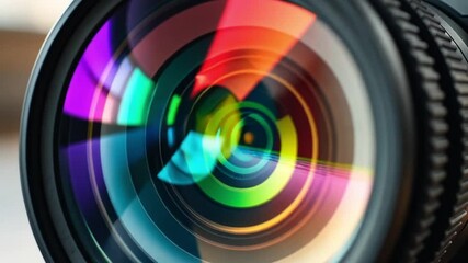 Close-up of a camera lens with colorful reflections. The lens is black with a textured surface, showcasing vibrant colors in the glass. - Powered by Adobe