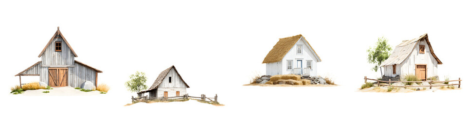 Watercolor Farmhouse and Cottage Set Isolated on White