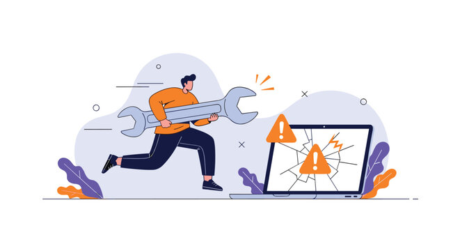 Illustrating a man holding a large wrench running towards a laptop with warning signs on the screen indicating a system error or technical problem requiring immediate attention and repair services
