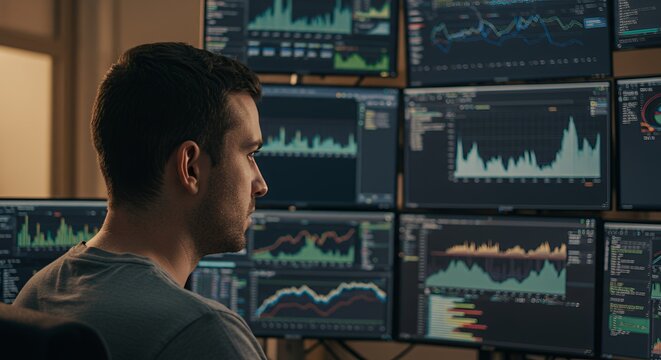 Focused trader analyzes market data on multiple screens, illuminated by the glow of financial charts in a dimly lit room. - Powered by Adobe