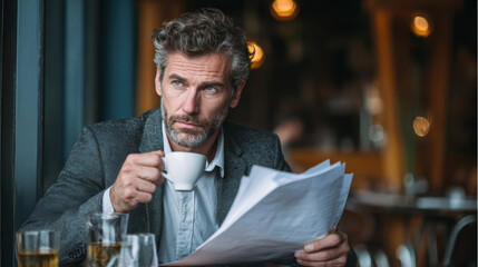 Thoughtful man in business suit enjoys coffee at hotel cafe while reading papers. Hotel business people
