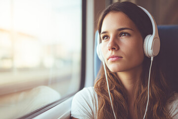 A young woman wearing white headphones gazes thoughtfully out of a window, seemingly lost in music or deep contemplation during a travel journey.