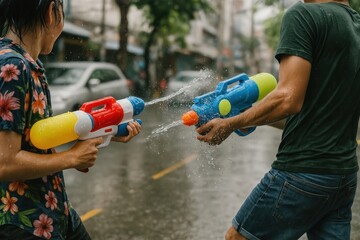 Playful water gun battle outdoors.