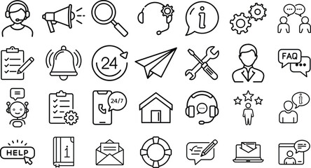 A collection of web icons representing customer service in a sleek black line style.  Perfect for web and mobile applications, they include online assistance, customer service, and 24-hour support .