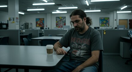 Pensive man sits alone in a modern office, lost in thought, a coffee cup rests on the table beside him.
