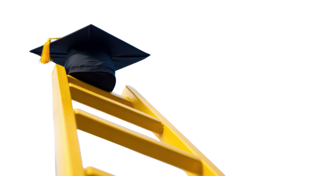 Vibrant yellow ladder supports a graduation cap symbol of success and education achievement concept creative academic career growth metaphor isolated on white background