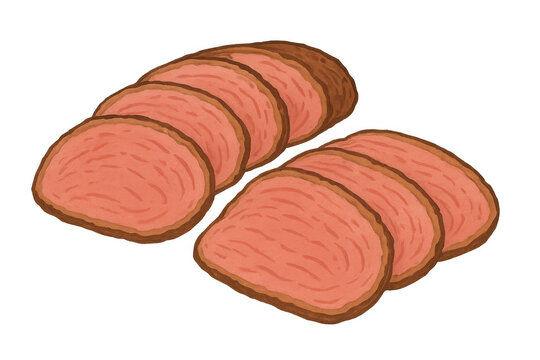 Watercolor portraying succulent roast beef slices, revealing rich red meat and caramelized brown edges, ideal for culinary visual content