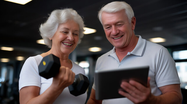 Elderly couple exercising with dumbbells while trainer checks progress
