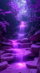 Purple waterfall cascading down stone steps in a mystical forest.