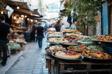 Fototapeta premium Vibrant Street Food Market with Delicious Dishes and Local Atmosphere
