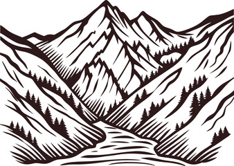Hand drawn mountainous landscape with river and pine trees vintage engraved black and white illustration