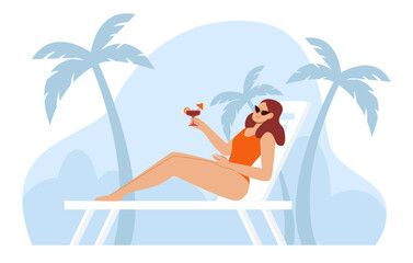 Woman in swimsuit sunbathing lying on loungery. A girl drinks a cocktail by the pool. Summer holidays, travel, vacation minimal poster. Vector illustration in flat style.