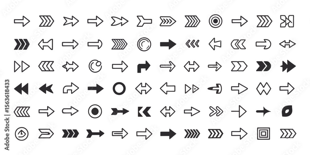 Fototapete Flat arrow icons set featuring directional, curved, straight, circular, and zigzag arrows used for navigation, rotation, movement, looping, and user interface design