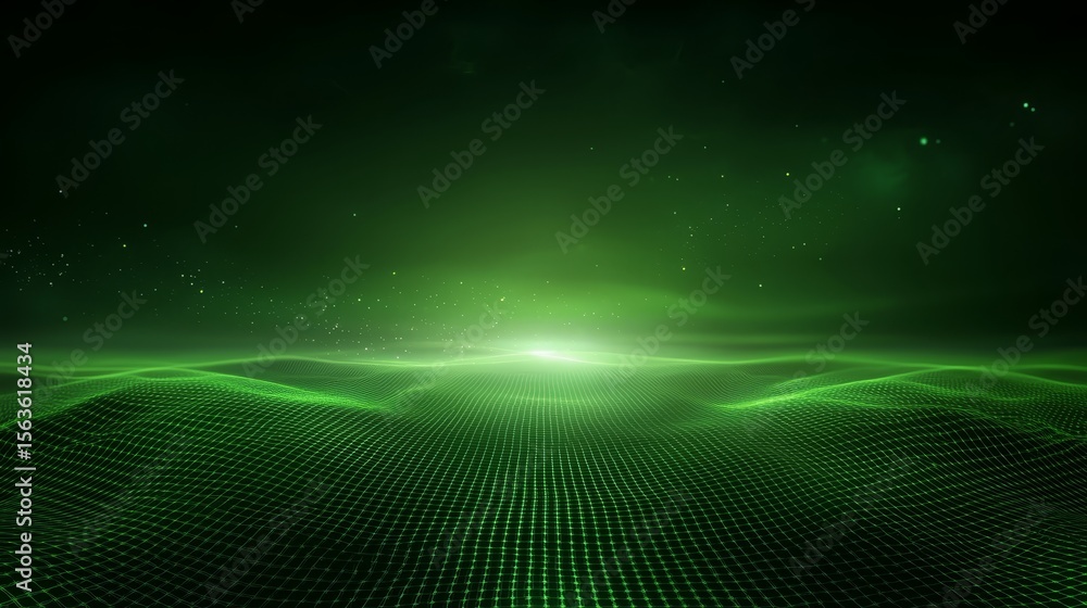 Poster abstract green background with glowing lines and dots futuristic vibrant design for modern tech
