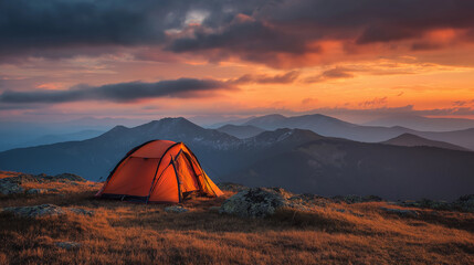 A glowing orange tent stands in the foreground of a breathtaking summer mountain landscape. Perfect for themes of wilderness camping and the beauty of natural places. Space for text. Generative AI. 