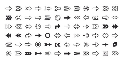 Flat arrow icons set featuring directional, curved, straight, circular, and zigzag arrows used for navigation, rotation, movement, looping, and user interface design
