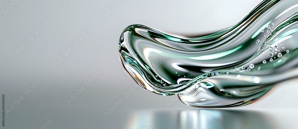Poster flowing liquid metal wave with green tint creates dynamic abstract shape against light background, s