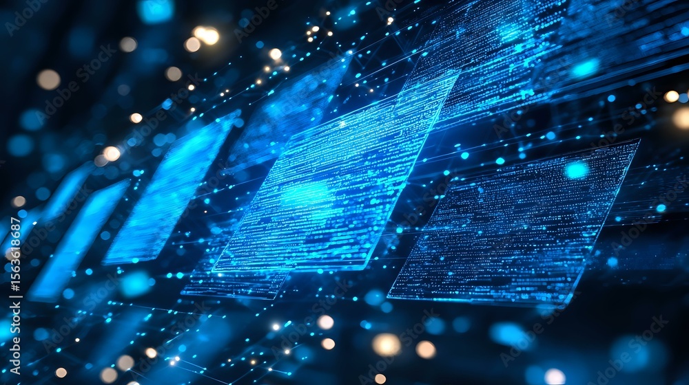 Poster digital data streams flow through glowing blue network with floating transparent panels and light pa