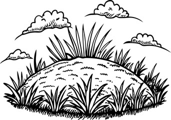Hand drawn grassy hill with bushy plants and clouds in vintage engraved illustration