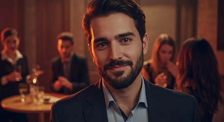 Confident man smiles warmly, surrounded by blurred friends in a dimly lit social setting.