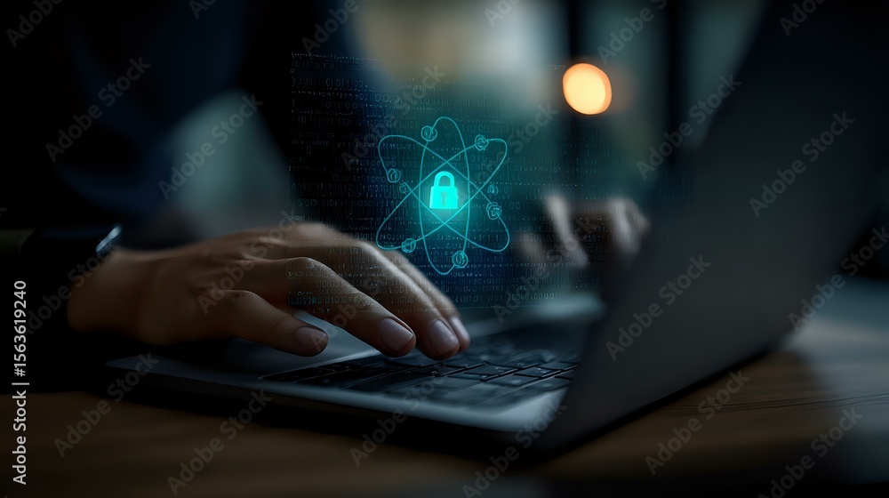 Poster glowing atomic symbol hologram projection over laptop keyboard while person types in dark room, repr