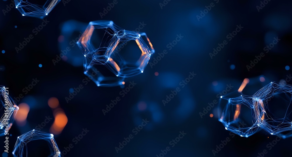 Poster glowing molecular structure with hexagonal shapes floating in dark blue space, orange light accents 