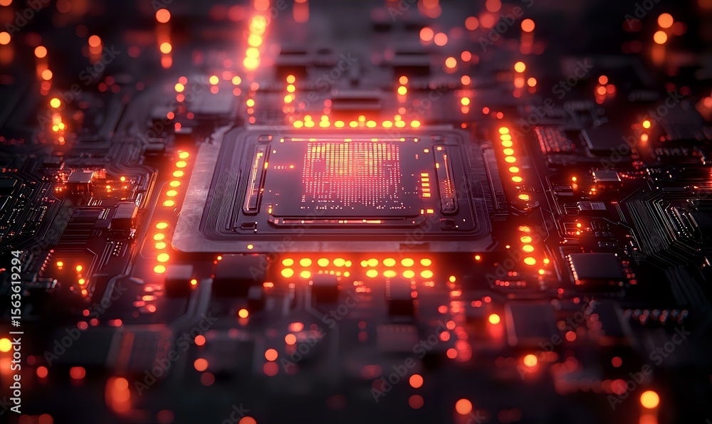 Poster glowing orange microprocessor on circuit board with futuristic lighting effects, depth of field crea