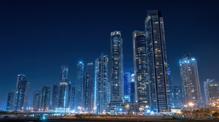 Naklejka premium Modern Cityscape with Multiple Skyscrapers Lit at Night