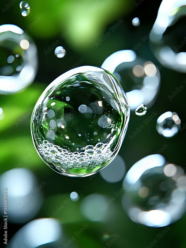 Aufkleber floating soap bubble with tiny bubbles inside against blurred green nature background, capturing mag